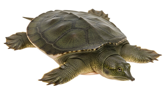 Detailed studio shot of a spiny softshell turtle showing its unique leathery green carapace and pointed snout isolated on a clean white background for high quality scientific or educational usage