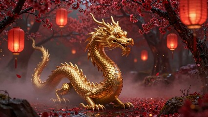Obraz premium Golden Chinese Dragon in Sakura Garden with Red Lanterns