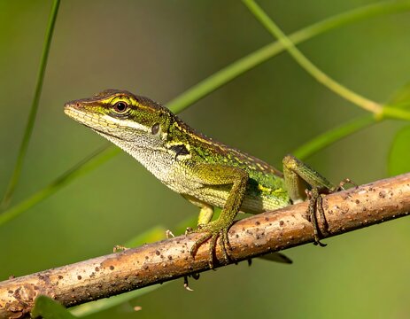 Green lizard on a branch outdoors.