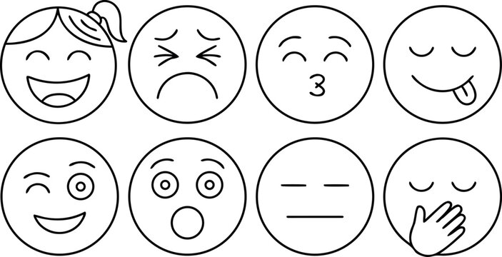 Collection of eight simple black and white line art emoji faces with various happy and sad expressions