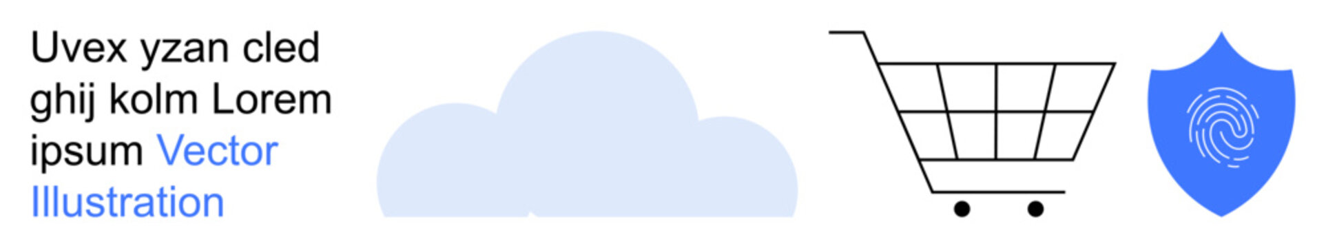 E-commerce, cloud storage, cybersecurity, online shopping, data protection, secure transactions. Minimalist design a cloud, shopping cart and shield with fingerprint. Cybersecurity and data