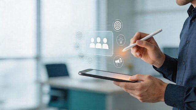 Businessman using digital tablet and stylus pen for online marketing with holographic icons technology concept