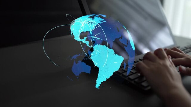 Global network connection visualization showing data exchange, digital link, worldwide communication. Global data flow and digital network infrastructure connecting regions around the world. Thunk