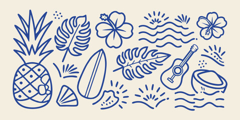 Tropical summer elements line drawing illustration with pineapple hibiscus and surfboard on white background © RanjanKumar