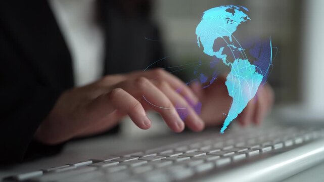Global network connection visualization showing data exchange, digital link, worldwide communication. Global data flow and digital network infrastructure connecting regions around the world. Thunk