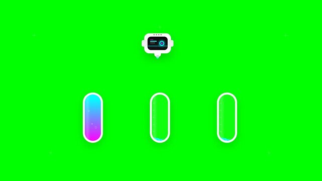 Automated Robot Head Filling Medical Capsules with Neon Liquid Energy on Chroma Key Green Screen