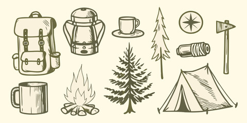 Vintage camping gear collection with backpack tent campfire and pine tree sketch high quality professional © RanjanKumar