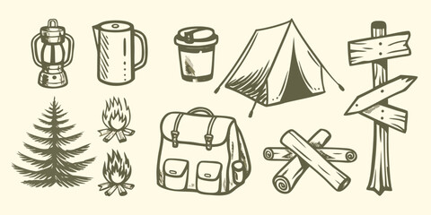 Camping equipment and outdoor gear sketch illustration with tent backpack and campfire high quality professional © RanjanKumar