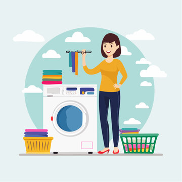 Woman Hanging Laundry After Washing Machine