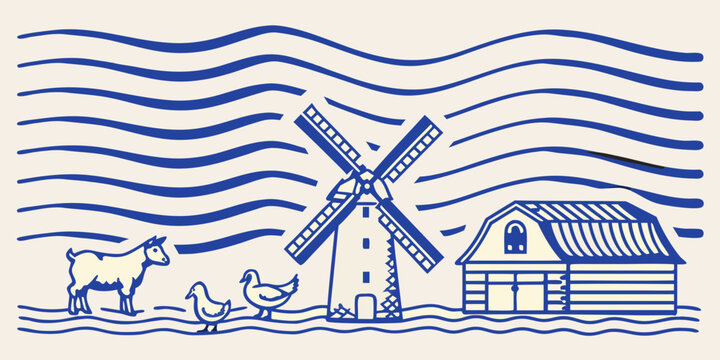 Dutch windmill and american barn illustration with sheep and ducks blue lines on beige