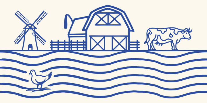 Line art illustration of a dutch windmill american barn cow and chicken in a landscape