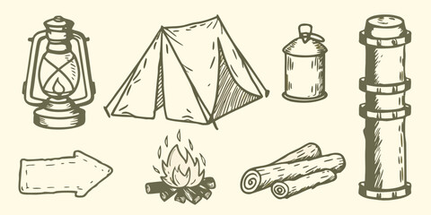 Vintage camping equipment sketch set including lantern tent and campfire on white background high quality © RanjanKumar
