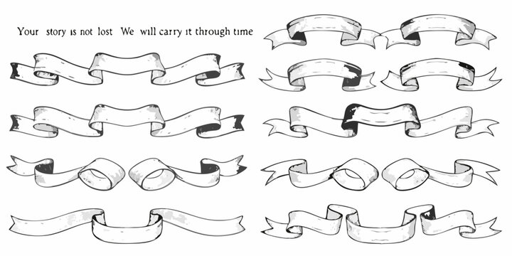 Collection of hand drawn ribbon banners and scrolls with decorative flourishes black and white