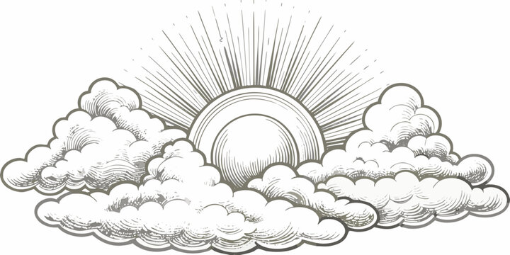 Hand drawn sun bursting through clouds vintage style engraving on white background high quality professional