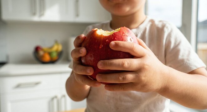 Kid eating red apple in kitchen