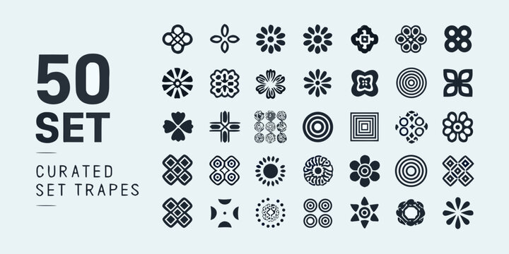 Geometric floral ornaments set curated collection of fifty vector based designs on light gray background