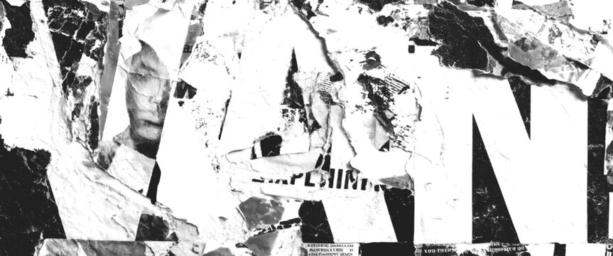 Torn black and white paper collage with large text fragments and textured layers abstract background