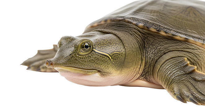 Detailed side view portrait of a softshell turtle showing its unique leathery skin texture and distinct snout while resting peacefully against a clean white background in a studio lighting setup.
