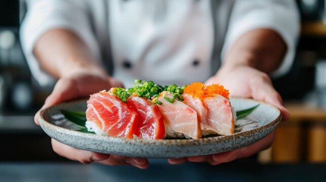 A handmade ceramic plate holds a curated tasting of tuna: one slice of akami (lean), one of chutoro (medium-fatty), and one of otoro (fatty tuna)