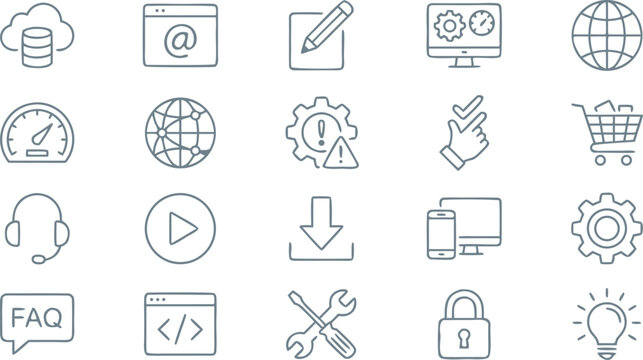 Collection of minimalist thin outline vector icons for web development ecommerce customer support and technical services