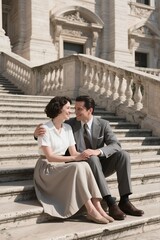 Fototapeta premium Smiling Couple on Palace Stairs