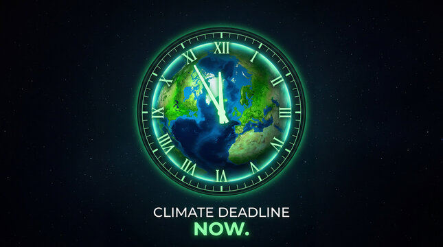 Climate change doomsday clock concept illustration. Planet Earth as clockface showing five minutes to midnight. Global warming deadline banner.
