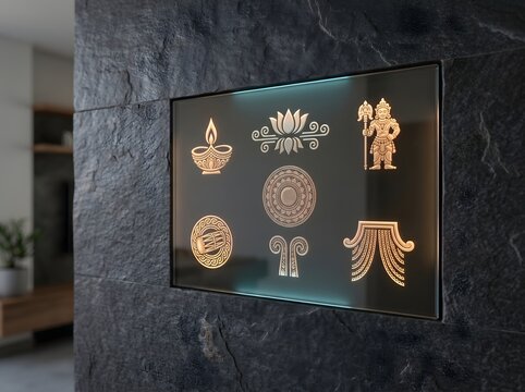 Traditional Cultural Icons and Symbols on Glass Wall Panel