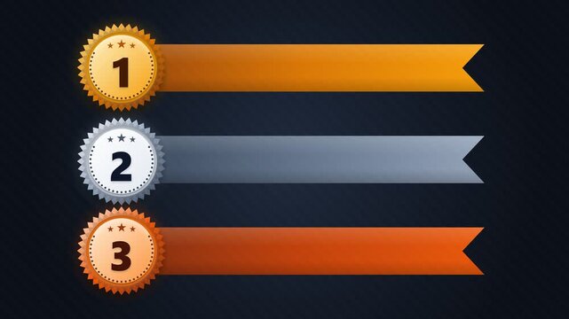 Top 3 Leaderboard Ranking Animation with Gold Silver and Bronze Medals and Ribbons for Competitions