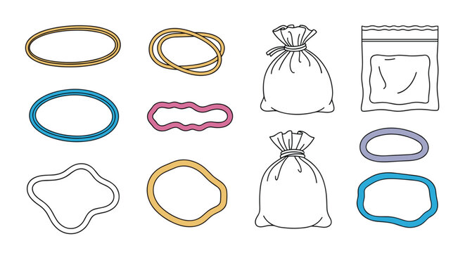 Various household and packing supplies including colorful rubber bands white fabric bags and a clear plastic storage pouch.