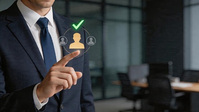 Businessman selecting digital icon for team verification successful recruitment process hiring human resources employee selection interface management concept
