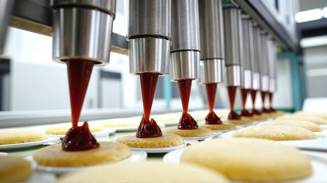 Robots manufacture cookies with jam in factory