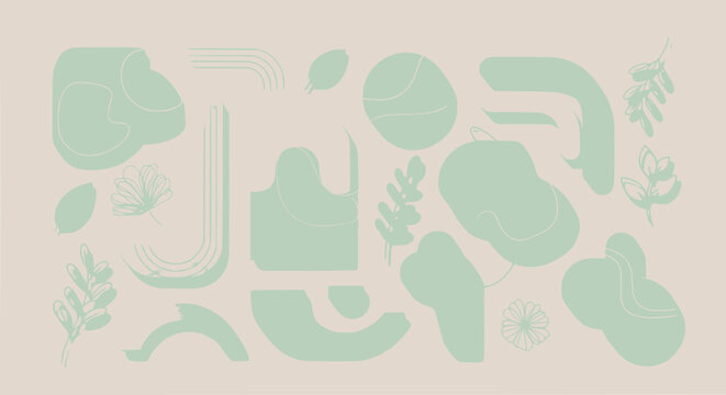 Abstract Organic Shapes and Leaves, Pastel Mint Green on Beige Background