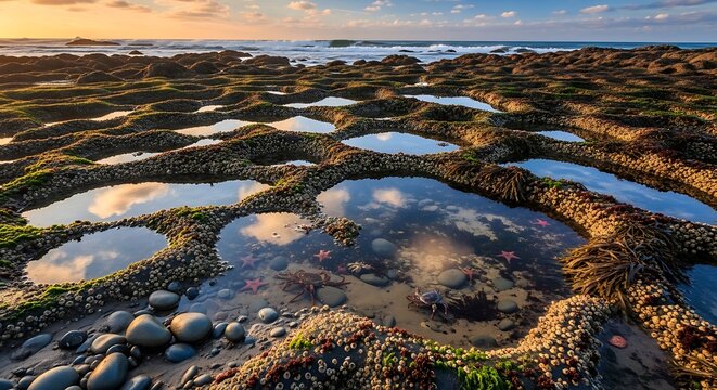 Tidal pools with starfish and crabs on a rocky beach at golden sunset