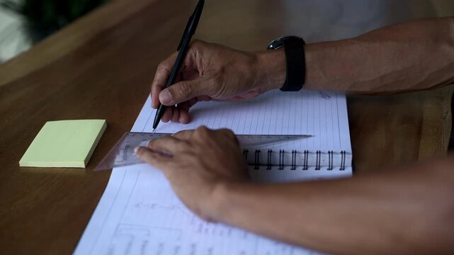 Asian male hand drawing a line to making table on book page