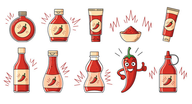 Assorted chili sauce and ketchup bottles with a spicy cartoon chili character giving a thumbs up in approval.