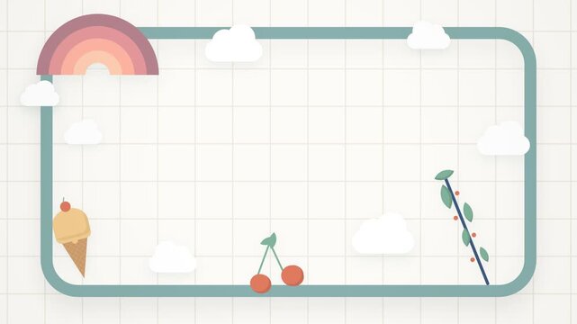 Cute Pastel Educational Border with Rainbow and Food Icons for Digital Notebook and Presentation Slide Background