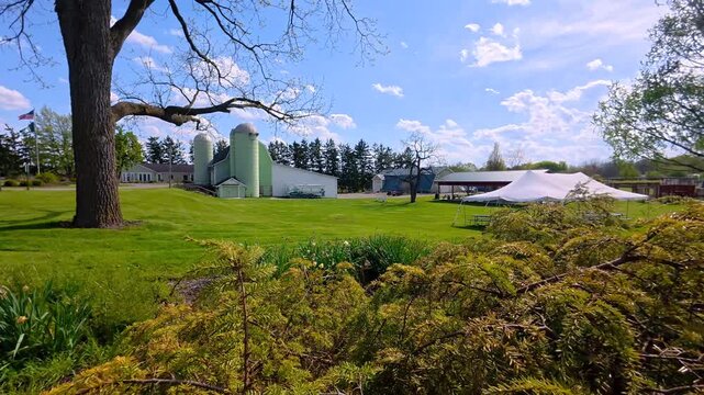 American farm landscape with barn and silos at Michigan state university farm