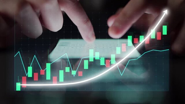 Hands interacting with a calculator display financial data, accompanied by vivid trend graphs and candlestick charts indicating positive market growth and investment insights. Copula