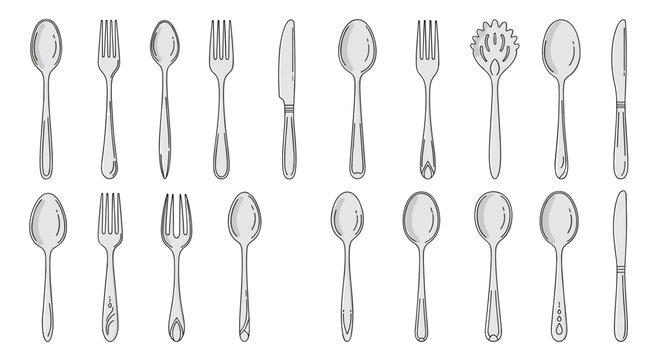 Detailed line drawings of various silverware pieces including different styles of spoons, forks, and knives arranged in neat rows on white.