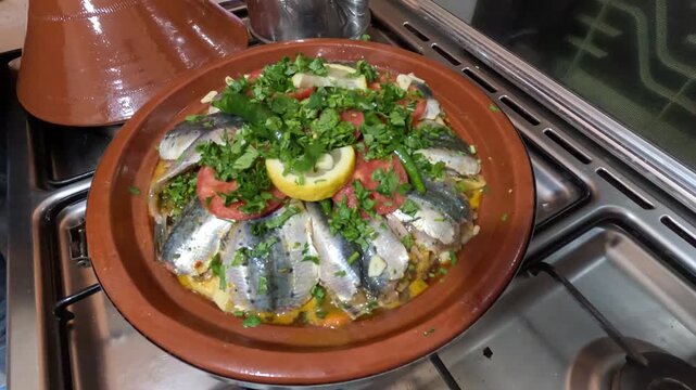 Cooking Moroccan tagine on a gas oven with sardine fish and vegetables, showcasing traditional cuisine, rich flavors, and a homemade coastal-inspired meal in a warm kitchen atmosphere.