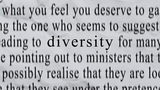 DIVERSITY Text in Centre with High-energy Fast Text Stop-Motion Writing Cycling Rapidly on Crinkled Texture Paper. Newspaper Cuttings Style animation. 4K.