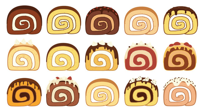 Grid of various swiss roll cake slices with different flavors, frostings, and fillings including chocolate, vanilla, and strawberry varieties.