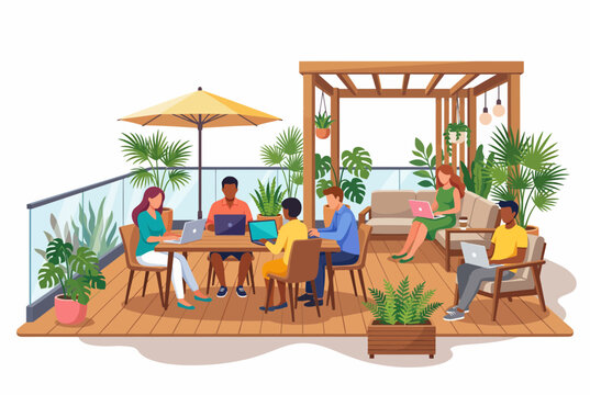 Modern Outdoor Rooftop Coworking Space with People Working