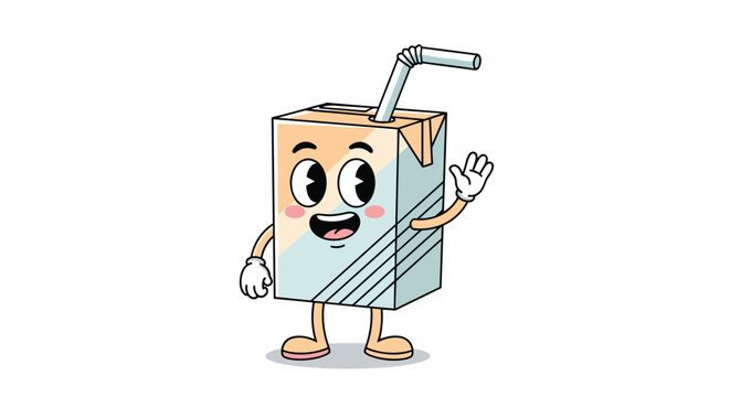 Cheerful cartoon milk carton character with a face and blushing cheeks waving its hand against a clean white background for dairy themes.