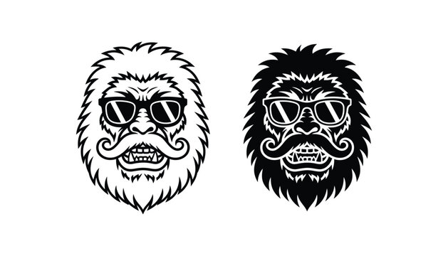 Stylized gorilla head with sunglasses and mustache in black and white vector art style for mascot or urban apparel design isolated on white background