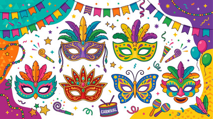 Naklejka premium vibrant carnival masks and butterfly decorations on colorful confetti background for mardi gras and festival celebrations