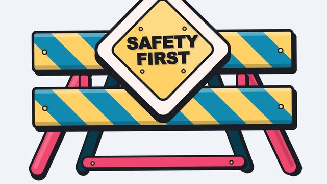Vector Illustration of a Construction Barrier with Safety First Sign for Site Protection and Roadwork Warning