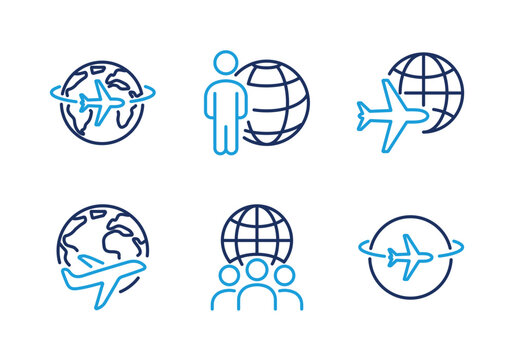 Global Travel and Human Connection thin line icon set. Minimal web icons