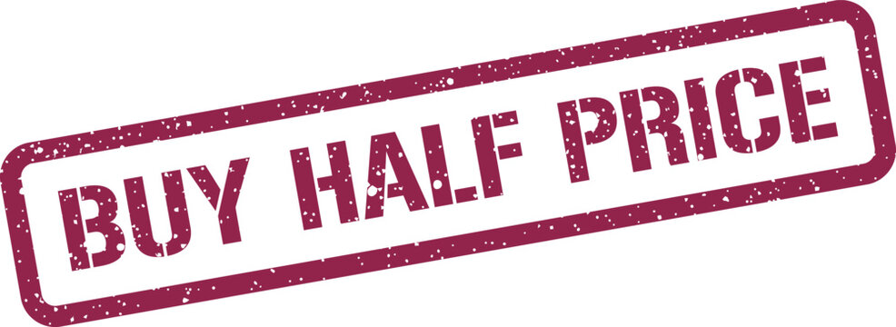 Distressed red rectangular stamp with BUY HALF PRICE text, suitable for promoting sales and price reductions