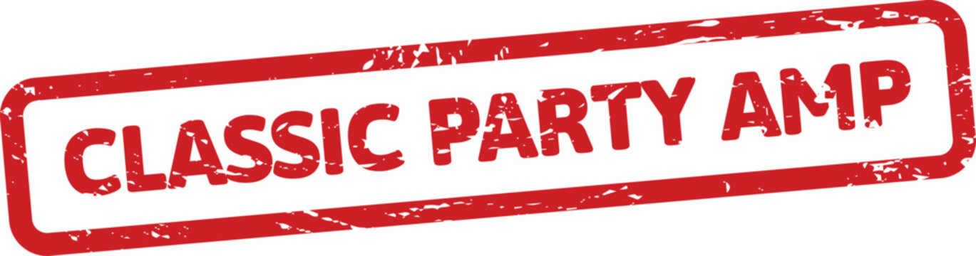 Distressed red rectangular stamp with CLASSIC PARTY AMP text, perfect for retro music events and promotional materials